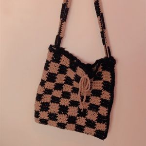 Handmade crochet Black and Tan checkered handbag